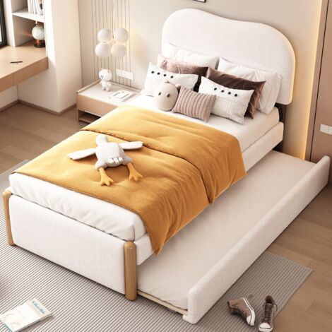 Lit gigogne 90x200 cm, design gigogne gigogne, en velours de haute qualité + MDF, sommier à lattes, design minimaliste, lit rembourré en bois, adapté aux enfants et adolescents - Blanc