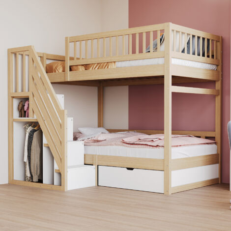 Lit superposé 90x200 cm, lit mezzanine 90x200 cm, avec barrières de sécurité hautes, escalier avec rangement, 1 tiroir, lit enfant, lit ado - Naturel