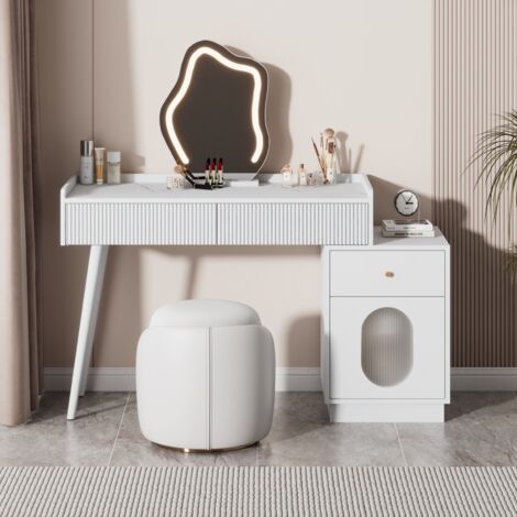 Coiffeuse 100x40x75 cm, avec miroir LED, avec miroir LED, 3 tiroirs, 1 porte vitrée, poignée dorée, convient pour chambre et dressing - Blanc (Sans tabouret)