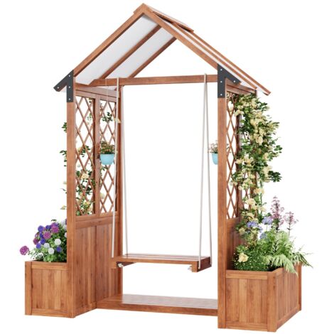 Arche de jardin 142x70x163 cm, avec 2 pots de fleurs, balançoire d'extérieur, treillis avec aide à l'escalade, bois massif, pour jardins, patios et terrasses - Marron