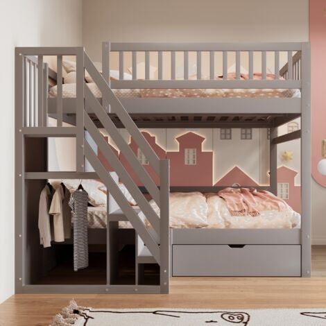 Lit superposé 140x200 cm, lit enfant, escalier de sécurité avec rangement, barrières de sécurité hautes, tiroirs, sommier à lattes, lit double jeune, lit en bois massif - Gris