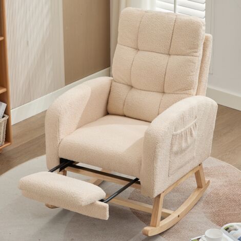 Fauteuil à bascule, avec assise rembourrée, poches latérales, repose-pieds caché, structure en bois massif, velours teddy, pour salon et balcon - Beige (1/5)