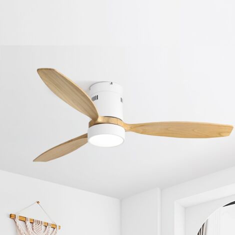 Ventilateur de plafond 52", avec 3 pales en bois massif, 6 vitesses, 18 W, télécommande, lumière LED, encastré, moteur réversible silencieux - Naturel (1/5)
