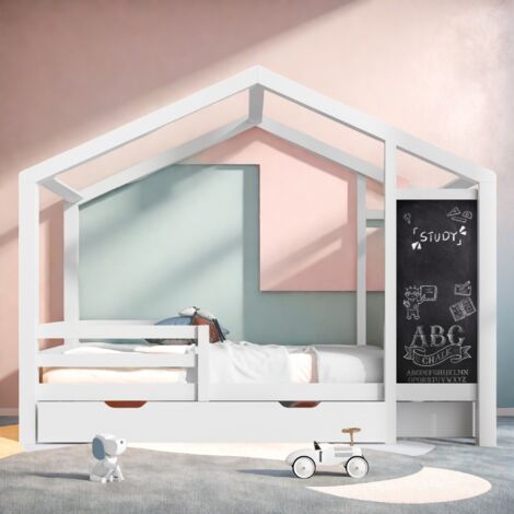 Lit cabane enfant 90x200 cm, avec tableau noir et 2 tiroirs, avec rail antichute et sommier à lattes, pin, adapté aux enfants et adolescents,Blanc (1/5)