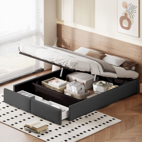 Lit coffre 160x200 cm - avec 2 tiroirs - rangement hydraulique - lin - lit plateforme tapissé sans tête de lit - convient aux adultes et aux adolescents - Gris