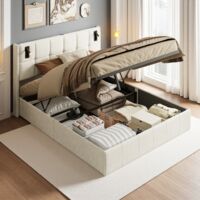 Lit coffre 140x190 cm, avec liseuse, rangement hydraulique, velours, sommier à lattes, adapté aux adolescents et adultes,Beige