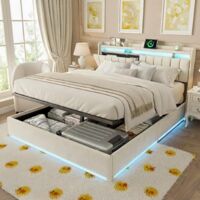 Dans Les Nuages – Lit coffre 160x200 cm avec éclairage LED orientable – Tête de lit rabattable – Rangement hydraulique – Velours beige – Sommier à lattes