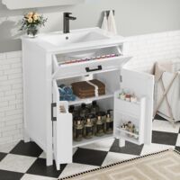 Meuble lave-mains 60x46x84,5 cm, meuble lave mains à poser, meuble de salle de bain à poser, avec lavabo, tiroir, étagère réglable, lave mains avec meuble - Blanc