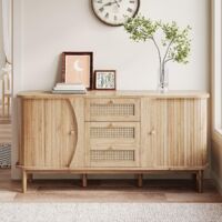 Buffet 140x40x76 cm, 3 tiroirs en rotin tressé, portes coulissantes, étagères réglables, commode pour salon et chambre - Naturel