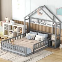Eifson – Lit cabane enfant 140x200 cm – Barrière de sécurité grillagée – Sommier à lattes en pin – Table de chevet incluse – Gris