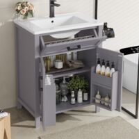 Meuble lave-mains 60x46x84,5 cm, meuble lave mains à poser, meuble de salle de bain à poser, avec lavabo, tiroir, étagère réglable, lave mains avec meuble - Gris