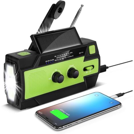 CCYKXA Grünes tragbares Solarradio mit Handkurbel, wiederaufladbares Dynamoradio mit AM/FM/WB, eingebautem 4000-mAh-Akku, 4 Modi, LED-Taschenlampe, SOS-Alarm für Notfälle im Freien