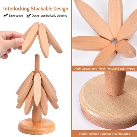 Holzuntersetzer Set In Baumform - 4 Untersetzer + Ständer Aus Sapeli-Holz, Hitzebeständig & Selbst Entfaltend