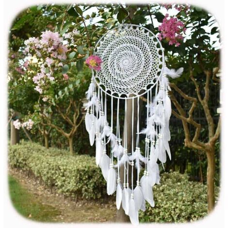 Großer Boho-Traumfänger, weiße Feder, Makramee-Wandbehang, Vintage-Hochzeit, Heimdekoration, 35 cm Kreis, 115 cm lang