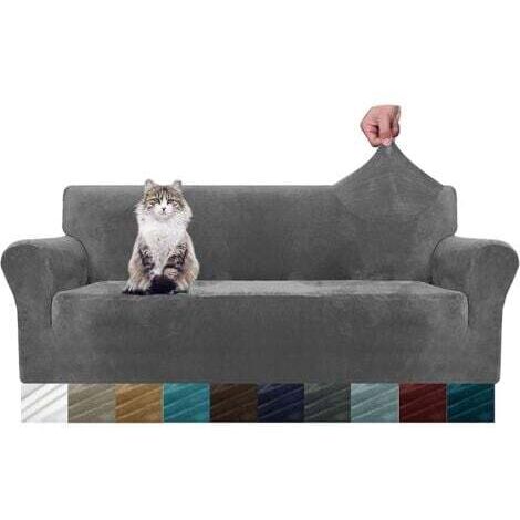 Super dehnbarer, dicker Samt-Sofabezug für Hunde, Katzen, haustierfreundlich, 1-teiliger elastischer Möbelschutz, Plüsch (3-Sitzer, grau) (1/5)