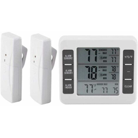 Termómetro digital para refrigerador y congelador, alarma audible con sensor inalámbrico, pantalla de valores mínimos y máximos. (1/5)
