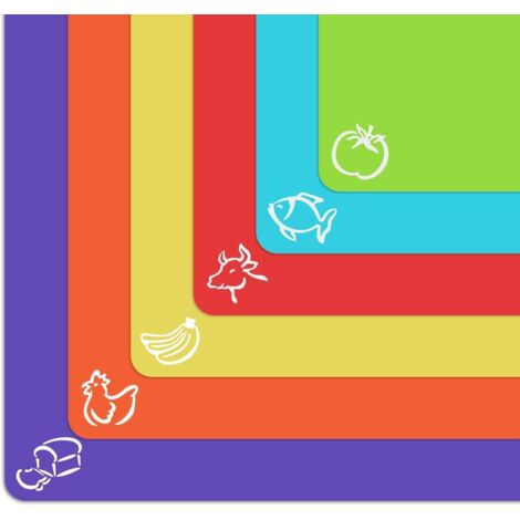 Tapetes de plástico flexibles extra gruesos para tabla de cortar con íconos de comida y reverso en relieve (paquete de 6), aptos para lavavajillas, colores vibrantes (1/5)