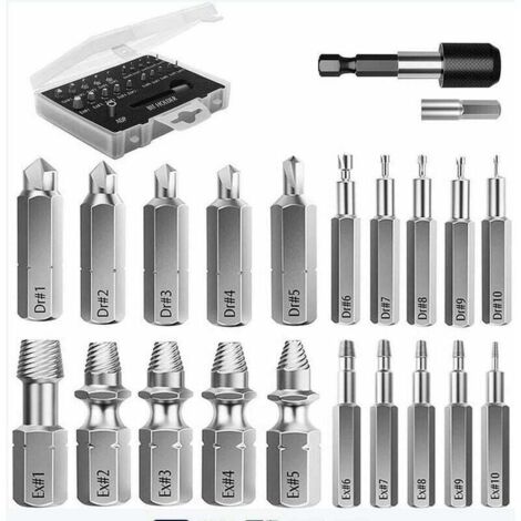 Kit de extracción de tornillos rotos, 22 herramientas de extracción mejoradas de acero de aleación HSS 4341 con brocas, 2 soportes de extensión magnéticos y adaptador de enchufe para pernos dañados, c (1/5)