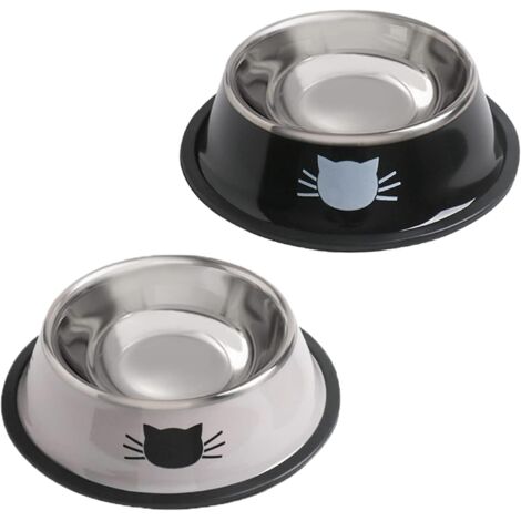 Paquete de 2 tazones de acero inoxidable para mascotas de 8 oz, antideslizantes, con base de goma extraíble, apilables, con un bonito diseño de gato pintado.