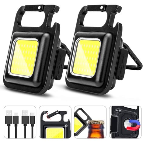 Llavero con luz de trabajo, recargable, EDC, linterna de emergencia con soporte plegable, abridor de botellas para pesca, camping, senderismo, paquete de 2 (1/5)