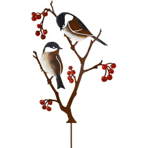 Decoración de jardín de metal para pájaros, herrerillos y bayas, pájaros pintados, estatua decorativa para jardín, cerca exterior, sala de estar, balcón. (1/5)