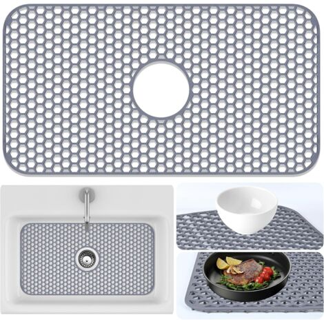 Tapete protector para fregadero de cocina - 66,5 cm x 35,5 cm, para fregadero y vajilla de acero inoxidable, tapete protector de goma con desagüe central (gris)