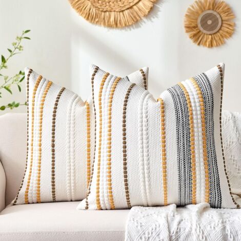Fundas de cojín decorativas, 45 x 45 cm, estilo bohemio, juego de 2, fundas de sofá a rayas amarillo mostaza para sofá, cama, salón y hogar. (1/4)