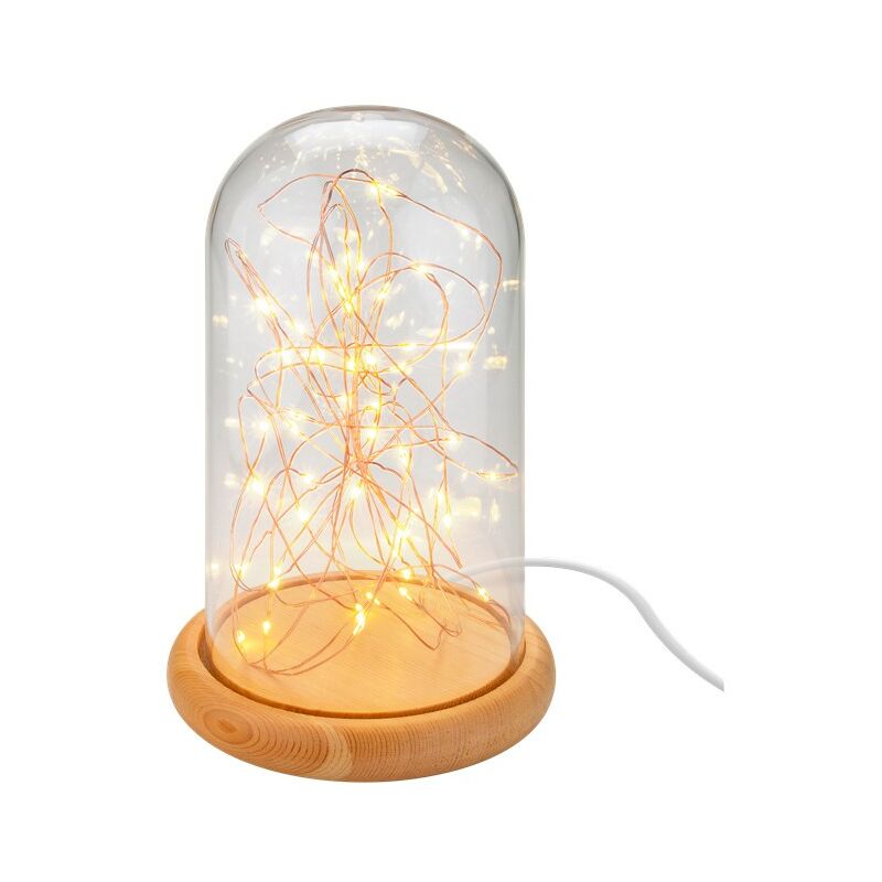 Glasglocke mit LED-Micro-Lichterkette - mit Holzsockel, USB-Kabel 115 cm,  Lichterkette 5 m mit 50 Micro-LEDs in Warmweiß (2700 K) und Schalter  (Ein/Aus)