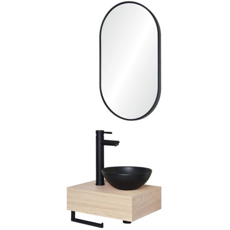 Meuble Lave-mains Suspendu SAO + Robinet Noir - Design Industriel, Dimensions Compactes 40x32,5x22 Cm, Gain De Place