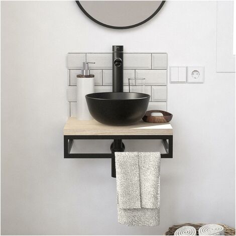 Mob-In – Meuble lave-mains 40 cm en décor chêne – Structure métallique noire – Vasque céramique noire mat – Installation facile pour petits espaces (1/5)