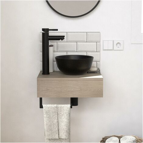 Mob-In – Meuble lave-mains SOHO 40 cm – Plan épais en décor chêne – Vasque noire en céramique – Meuble suspendu avec porte-serviettes intégré