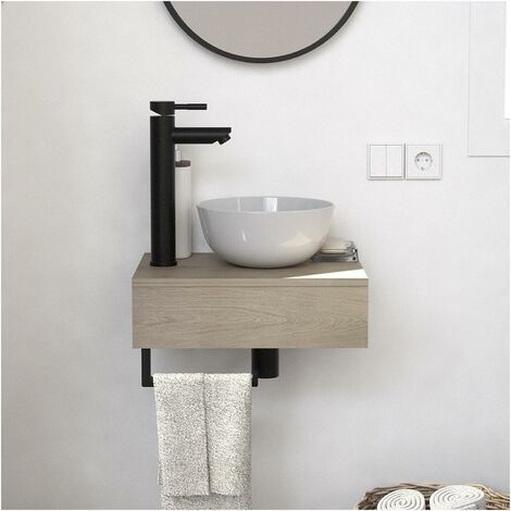Mob-In – Meuble lave-mains 40 cm avec vasque céramique blanche – Plan épais décor chêne – Porte-serviettes intégré – Pose suspendue