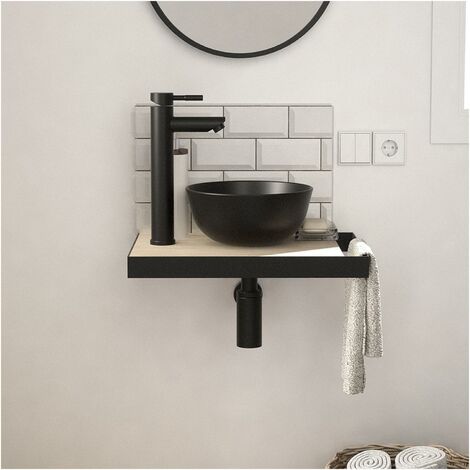 Mob-In – Meuble lave-mains SOHO 45 cm – Vasque en céramique noire – Installation suspendue – Porte-serviettes latéral – Optimise l'espace