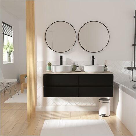 Meuble double vasque 120cm avec plan bois SORRENTO Noir +vasque+robinet+miroir