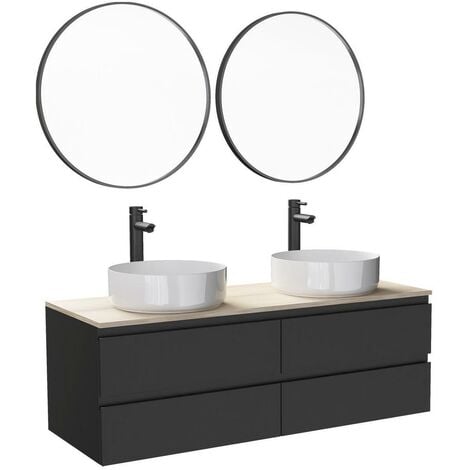 Meuble double vasque 120cm avec plan bois SORRENTO Noir +vasque+robinet+miroir