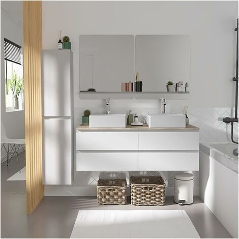 Meuble double vasque 120cm avec plan bois SORRENTO Blanc+vasque+rob+miroir+co