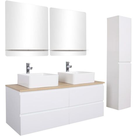 Meuble double vasque 120cm avec plan bois SORRENTO Blanc+vasque+rob+miroir+co