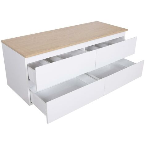Meuble double vasque 120cm avec plan bois SORRENTO Blanc+vasque+rob+miroir+co