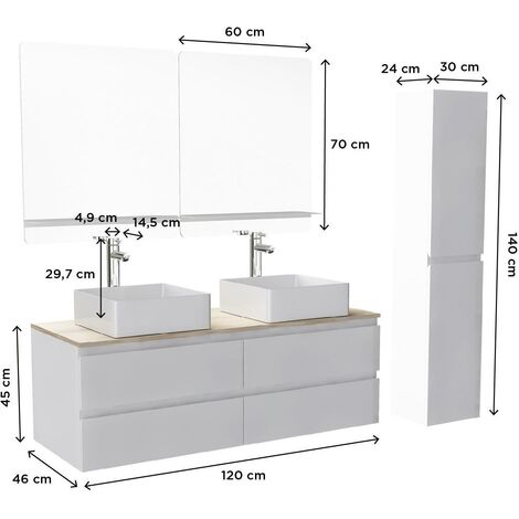 Meuble double vasque 120cm avec plan bois SORRENTO Blanc+vasque+rob+miroir+co