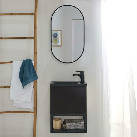 Ensemble meuble lave-mains noir carbone + miroir + robinet