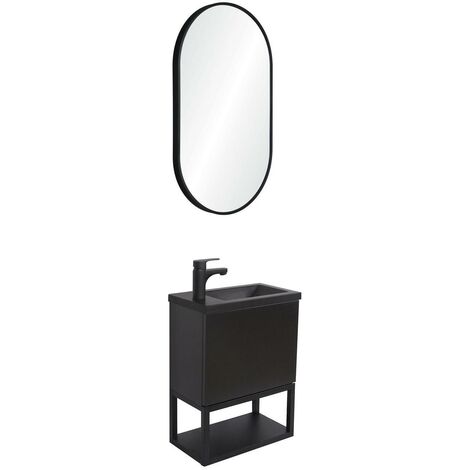 Ensemble meuble lave-mains noir carbone + miroir + robinet