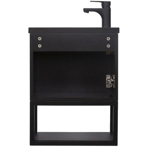 Ensemble meuble lave-mains noir carbone + miroir + robinet