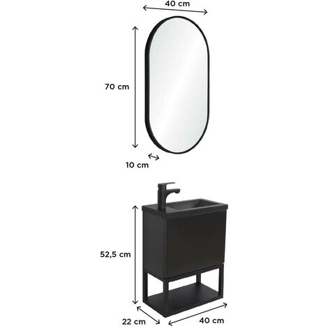 Ensemble meuble lave-mains noir carbone + miroir + robinet