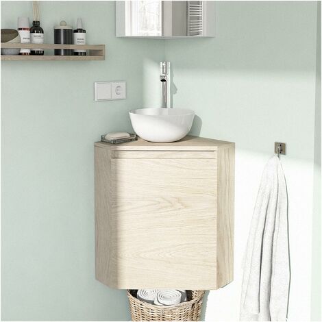 Mob-In – Meuble lave-mains d'angle décor chêne – Dimensions 36.5x36.5x52 cm – Vasque céramique 26 cm – Fixation murale pour gain de place