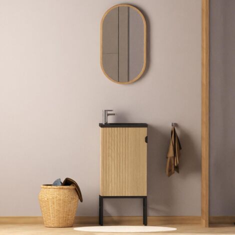 Meuble Gain Place 41cm Meuble Lave-mains STUDIO Sur Pieds - Chêne Et Vasque Noire - 41x88x23cm - Gain De Place Meuble Vasque Noire