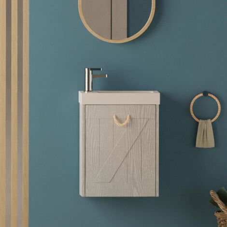 Centrale Brico – Meuble double vasque gris patiné 53 cm – Vasque céramique réversible – Système de charnières à fermeture progressive – Pour petits espaces