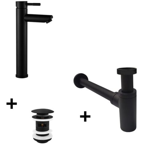 Robinet bec haut noir mat + bonde avec trop plein + siphon (1/5)