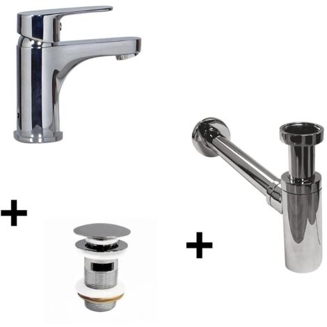 Robinet lave-mains chromé + bonde avec trop plein + siphon (1/5)