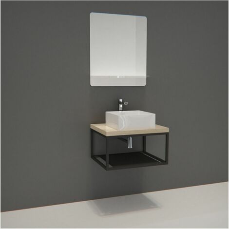 Meuble de Salle de Bain Bois et Métal WILL - Plan de toilette suspendu 60 cm + Structure métal Noir Mat + Vasque + Miroir