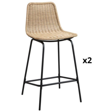 Lot de 2 tabourets d'ilot 65 cm en métal et rotin synthétique BALI Naturel